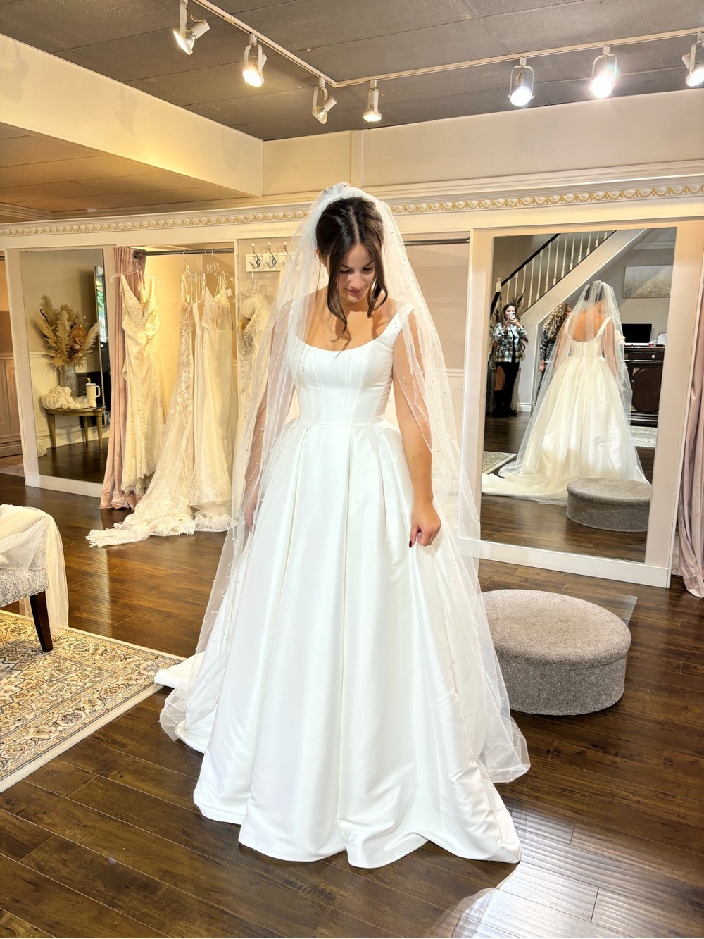 Pronovias Ivory Satin Ball Gown Wedding Dress with Square Scoop Neck - Picture 3 of 5
